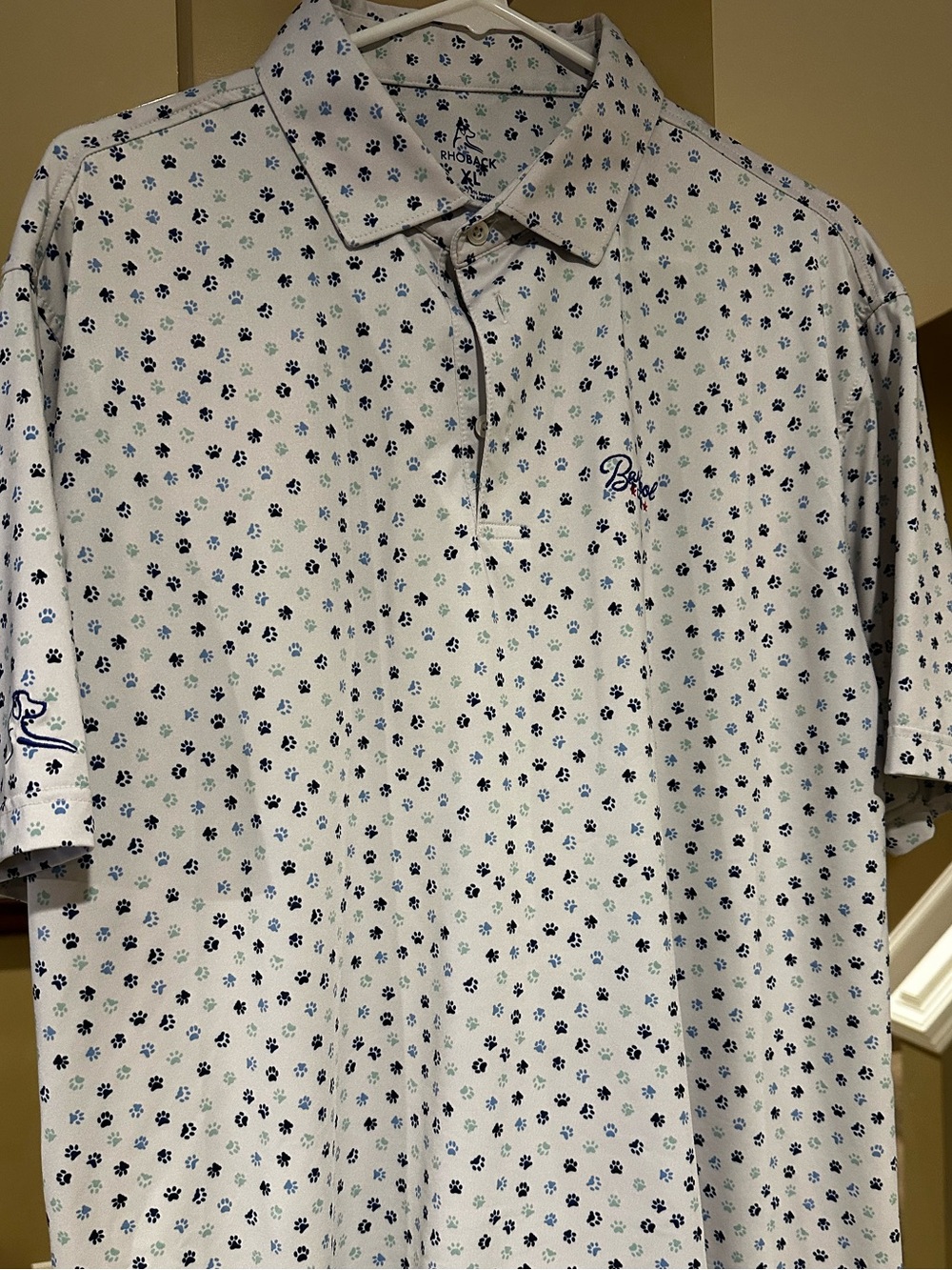 Rhoback - Barstool Golf -White Polo with Navy and Green Dog Paw Print - XL nwot